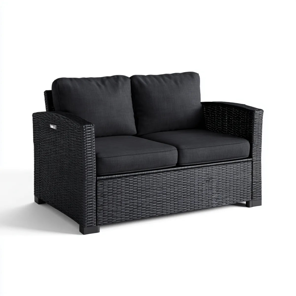 Sofa ogrodowa, Taras 2-osobowy sofa czarna z rattanu PE z poduszką poliestrową 130 x 75 x 85 cm prostokątna