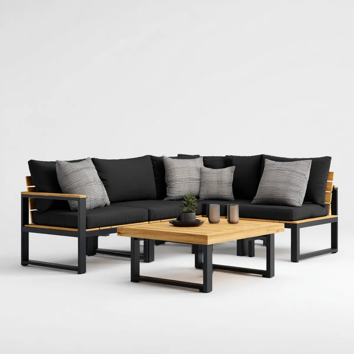 Sofa ogrodowa, Taras loungeset narożna sofa Czarna przyroda 240 x 180 cm stali acacia drewna kształt litery L