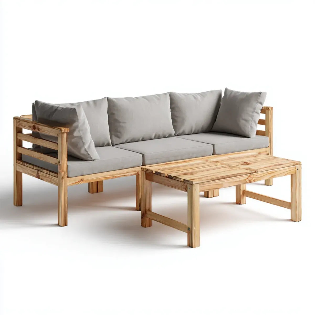 Sofa ogrodowa, 3 meble ogrodowe z naturalną szarą kawą w prostokątnej sofie sosnowej 200 x 75 x 70 cm stół 110 x 60 x 45 cm