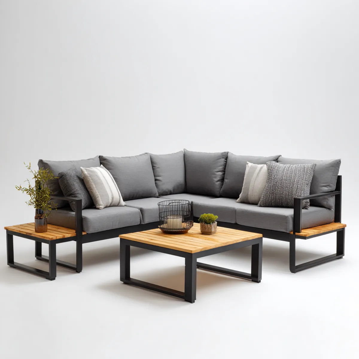 Sofa ogrodowa, Meble ogrodowe narożniki 5 foteli antracyt szary 250 x 190 cm w akacji i stali termoplastycznej poliestrowej