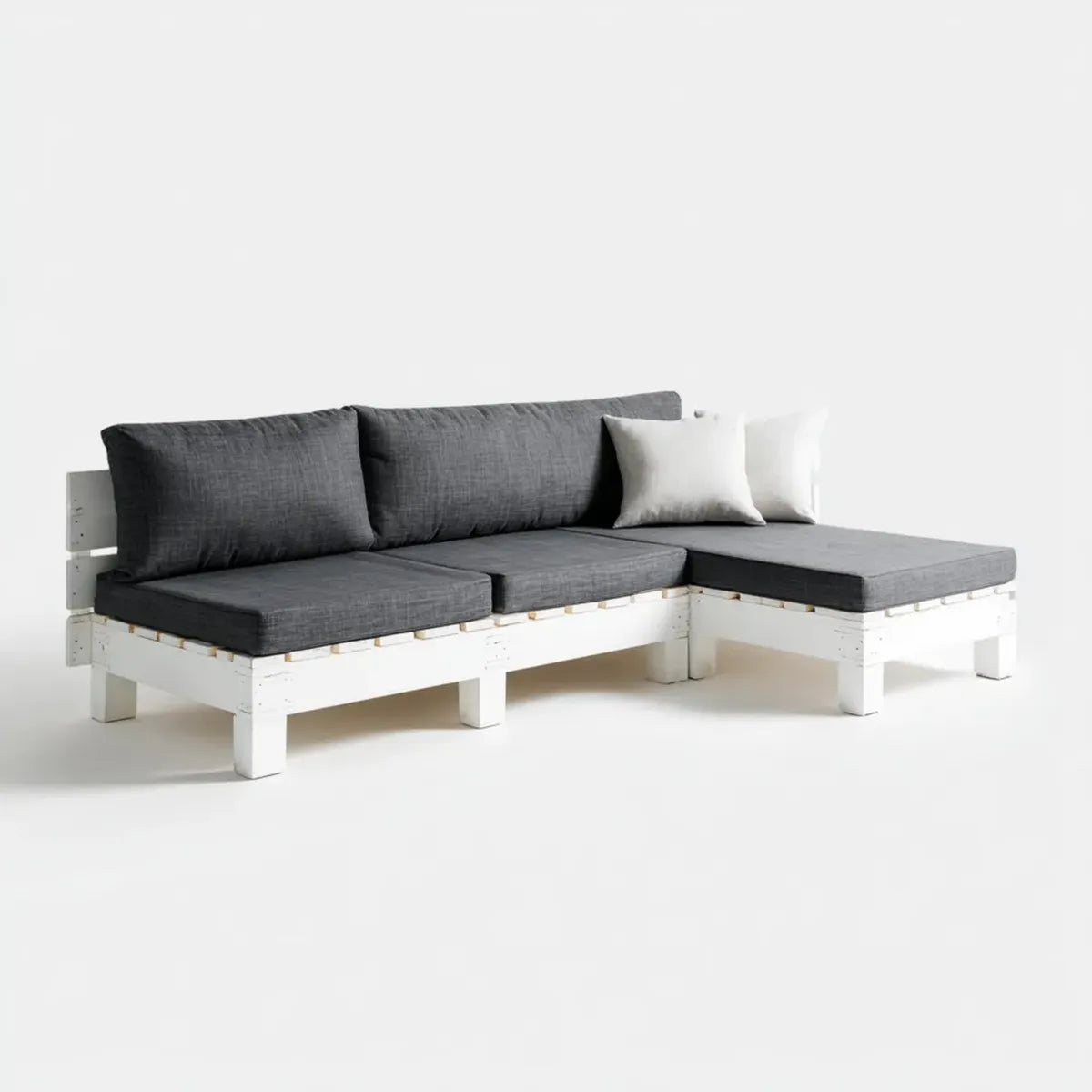 Sofa ogrodowa, 3 fotela narożnik sofa ogrodowa w kolorze białym i szarym w sosnie litej z poduszkami 240 x 180 x 70 cm