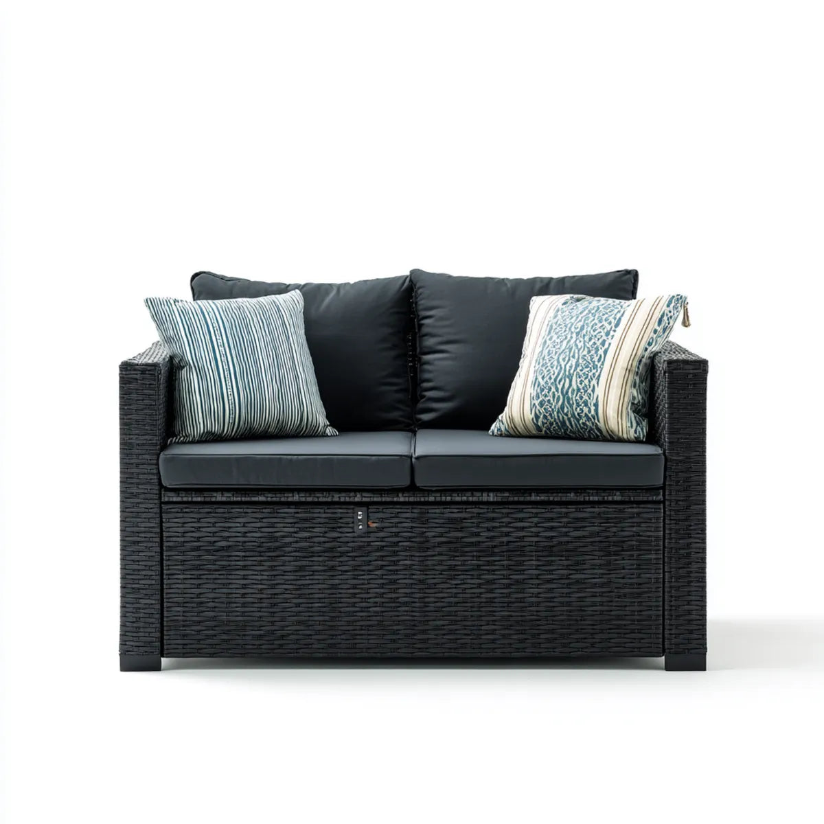 Sofa ogrodowa, 2 fotela czarna sofa ogrodowa w żywicy plecionej PE z prostokątnym pudełkiem 132 x 72 x 85 cm