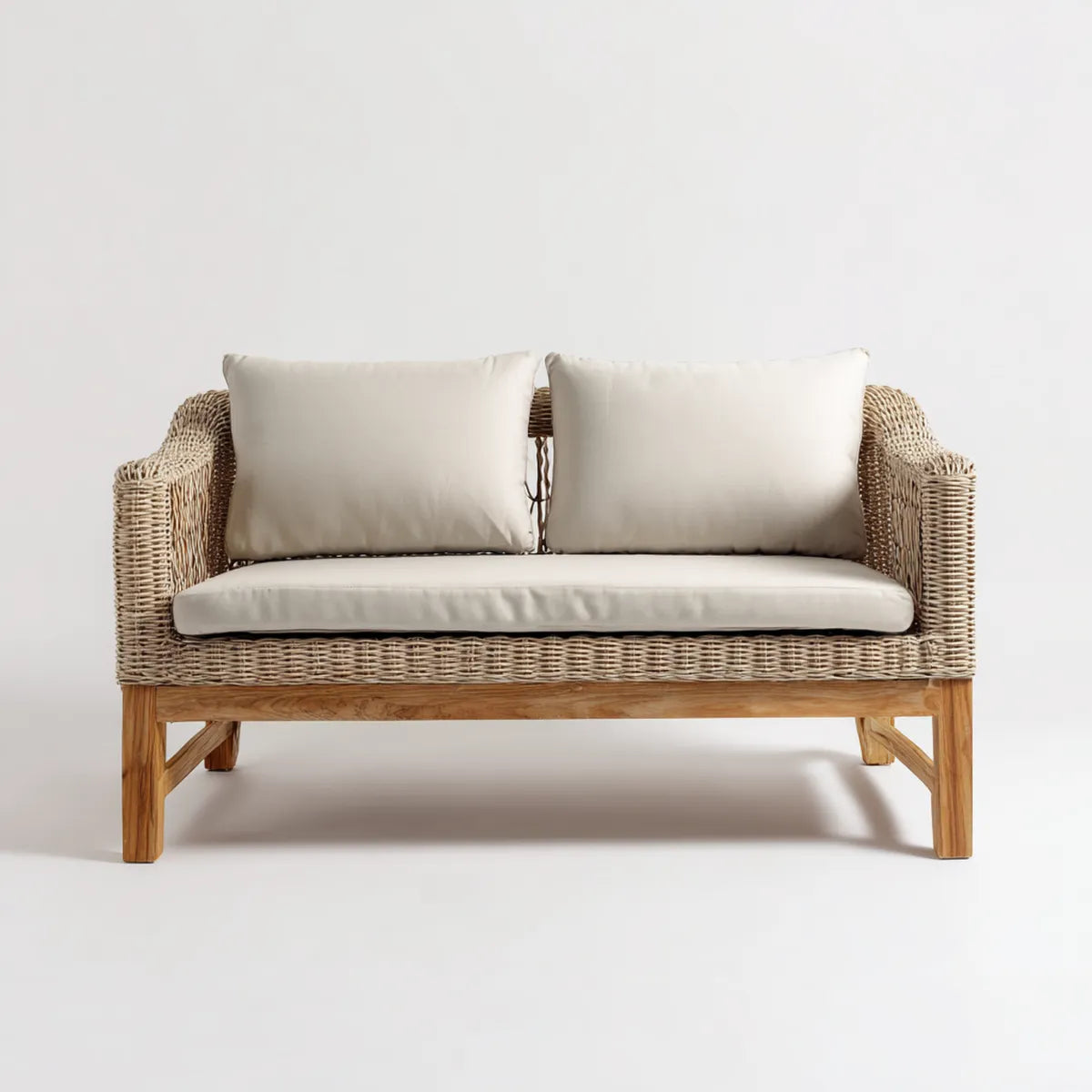 Sofa ogrodowa, Tapczan ogrodowy 2 beżowe siedzenia w plecionej rattanie i litym drewnie 140 x 75 x 78 cm