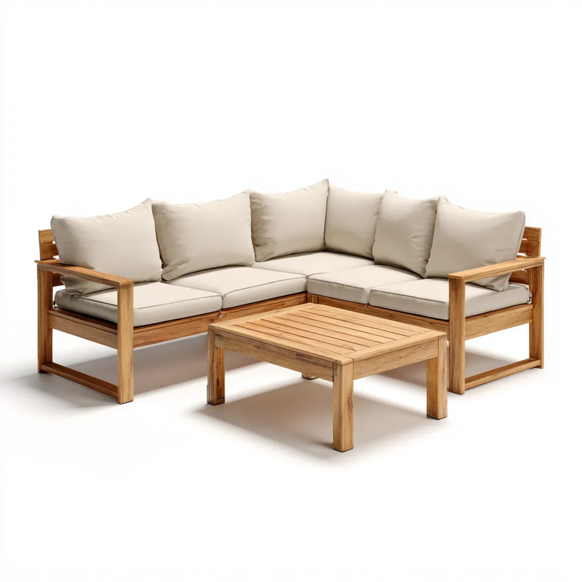 Sofa ogrodowa, Meble ogrodowe narożniki 4 fotele beżowe w kształcie litego acacia L ze stołem do kawy 220 x 220 cm