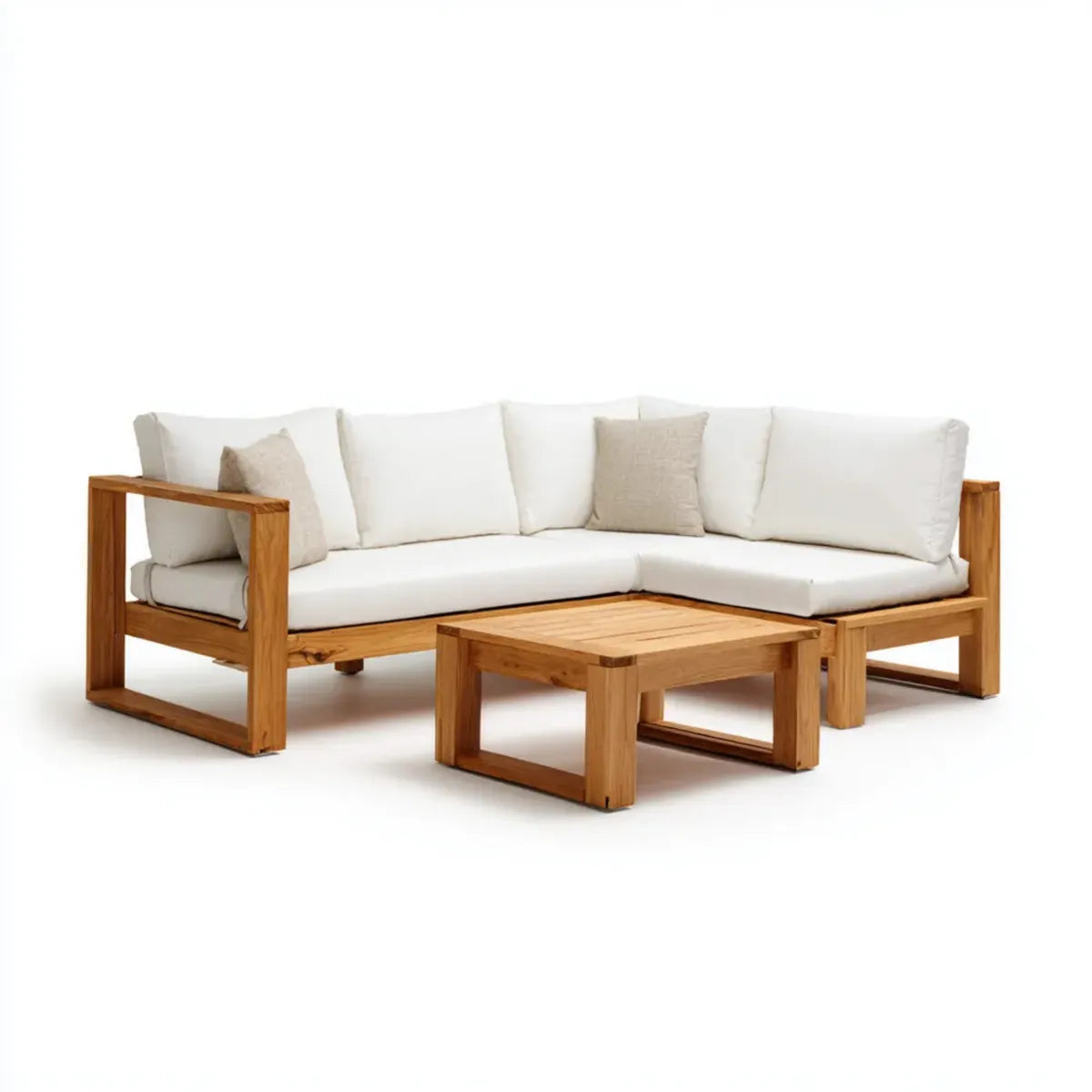 Sofa ogrodowa, Kącik meble ogrodowe 5 fotele z białym i naturalnym stołem do kawy w stałej akacji 230 x 230 cm