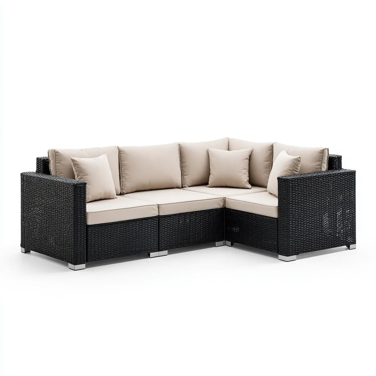 Sofa ogrodowa, 4 fotele narożnik ogród sofa czarny i beżowy 230 x 180 cm w PE plecione żywicy