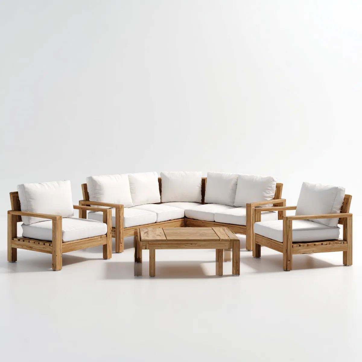 Sofa ogrodowa, Kącik meble ogrodowe 5 sztuk w litym drewna naturalne acacia z białą poduszką sofa 200 x 200 cm