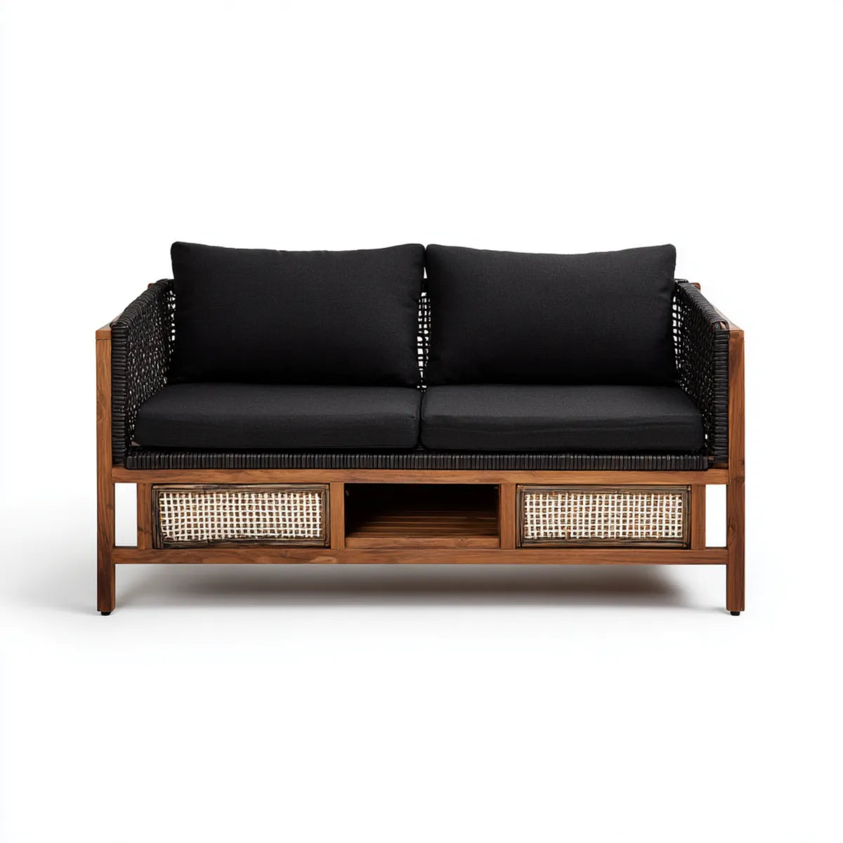 Sofa ogrodowa, 2 czarno-brązowa sofa ogrodowa w stałej akacji z magazynem 140 x 75 x 82 cm