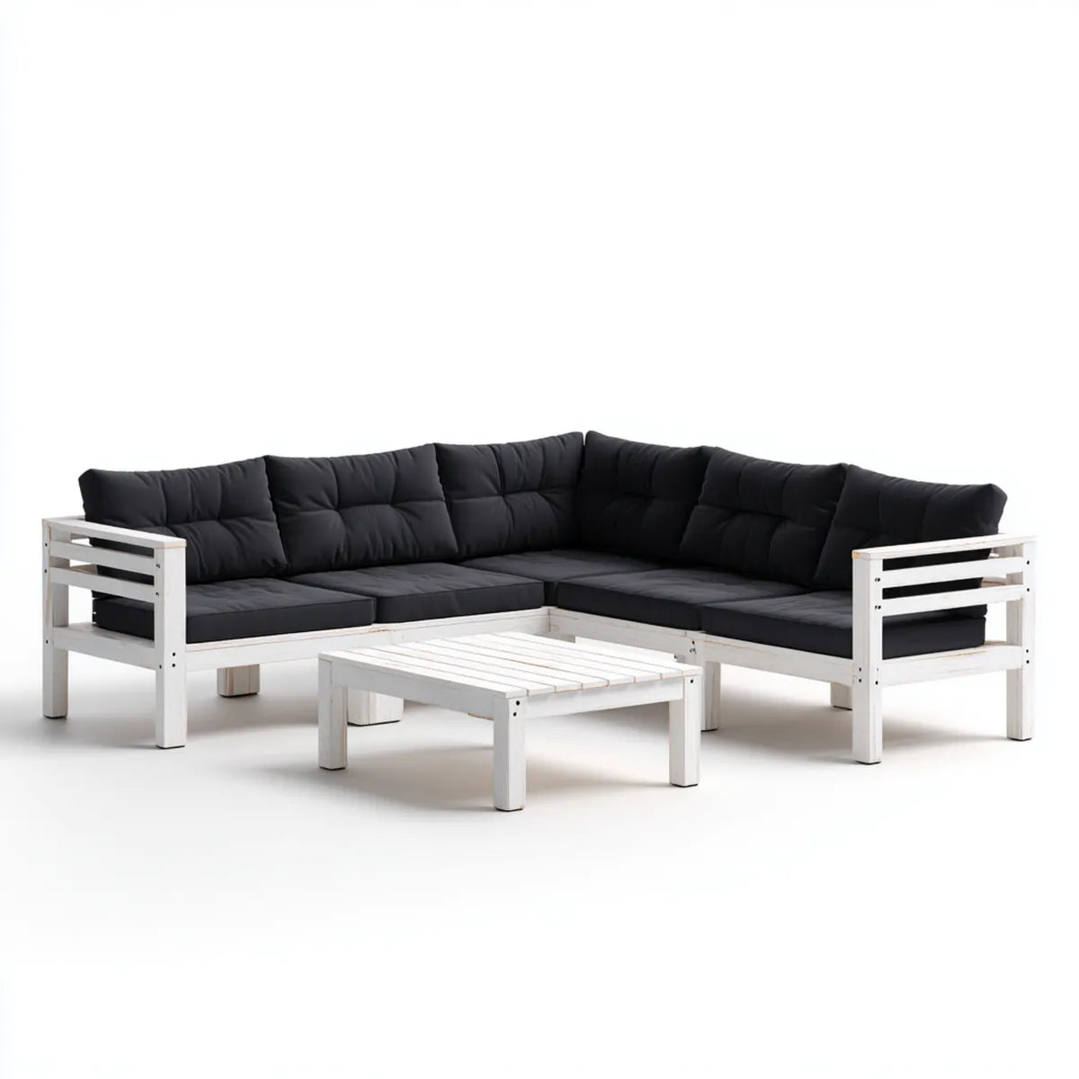 Sofa ogrodowa, Meble ogrodowe d 'angle 5 sztuk biały i czarny w litej sosny z poduszkami 246 x 186 x 65 cm