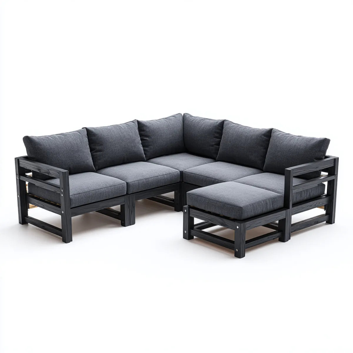 Sofa ogrodowa, Taras loungesofa 3-częściowa czarna szara z litego drewna sosnowego o kształcie L- 220 x 220 cm z stolcem 60 x 60 cm