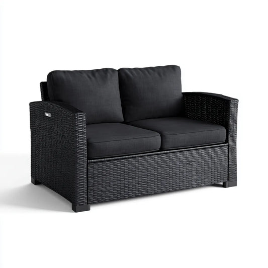 Sofa ogrodowa, Taras 2-osobowy sofa czarna z rattanu PE z poduszką poliestrową 130 x 75 x 85 cm prostokątna