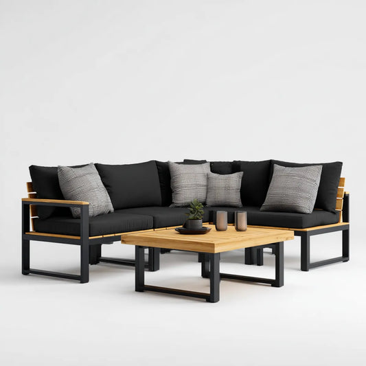 Sofa ogrodowa, Taras loungeset narożna sofa Czarna przyroda 240 x 180 cm stali acacia drewna kształt litery L