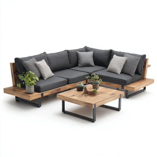 Sofa ogrodowa, Zestaw do tarasu kształt litery L naturalny brązowy antracyt czarny 250 x 250 cm akacji drewnianej stali poliester