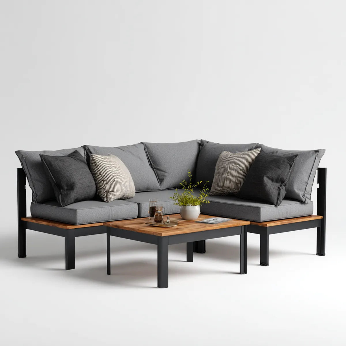 Sofa ogrodowa, Kącik ogrodowy 5 miejsc szaro-czarne z stolikiem do kawy 220 x 220 cm w stali i drewna acacia