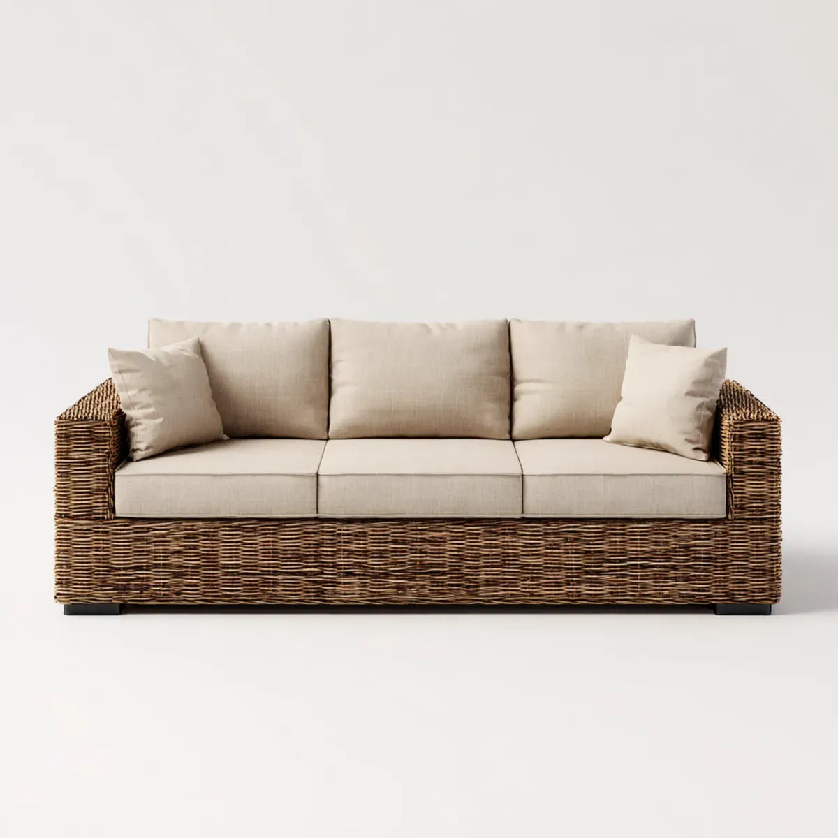 Sofa ogrodowa, 3 kwadraty naturalna brązowa i beżowa ratan kanapa ogrodowa z poduszkami 230 x 90 x 85 cm
