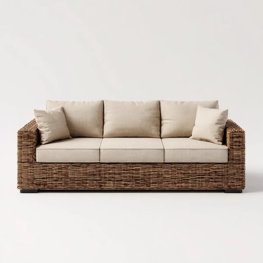 Sofa ogrodowa, 3 kwadraty naturalna brązowa i beżowa ratan kanapa ogrodowa z poduszkami 230 x 90 x 85 cm