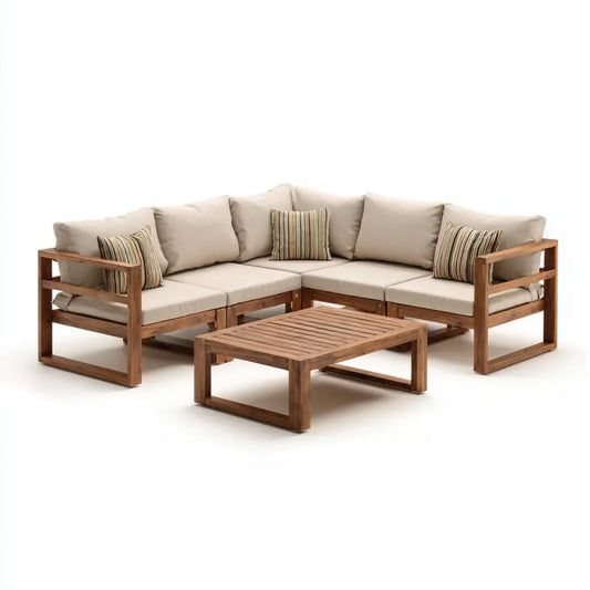 Sofa ogrodowa, Meble ogrodowe 4 miejsca beżowe w litej akacji ze stołem do kawy 220 x 220 cm