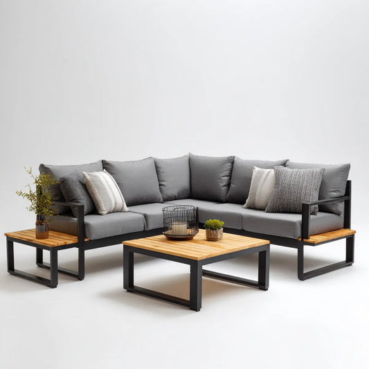 Sofa ogrodowa, Meble ogrodowe narożniki 5 foteli antracyt szary 250 x 190 cm w akacji i stali termoplastycznej poliestrowej