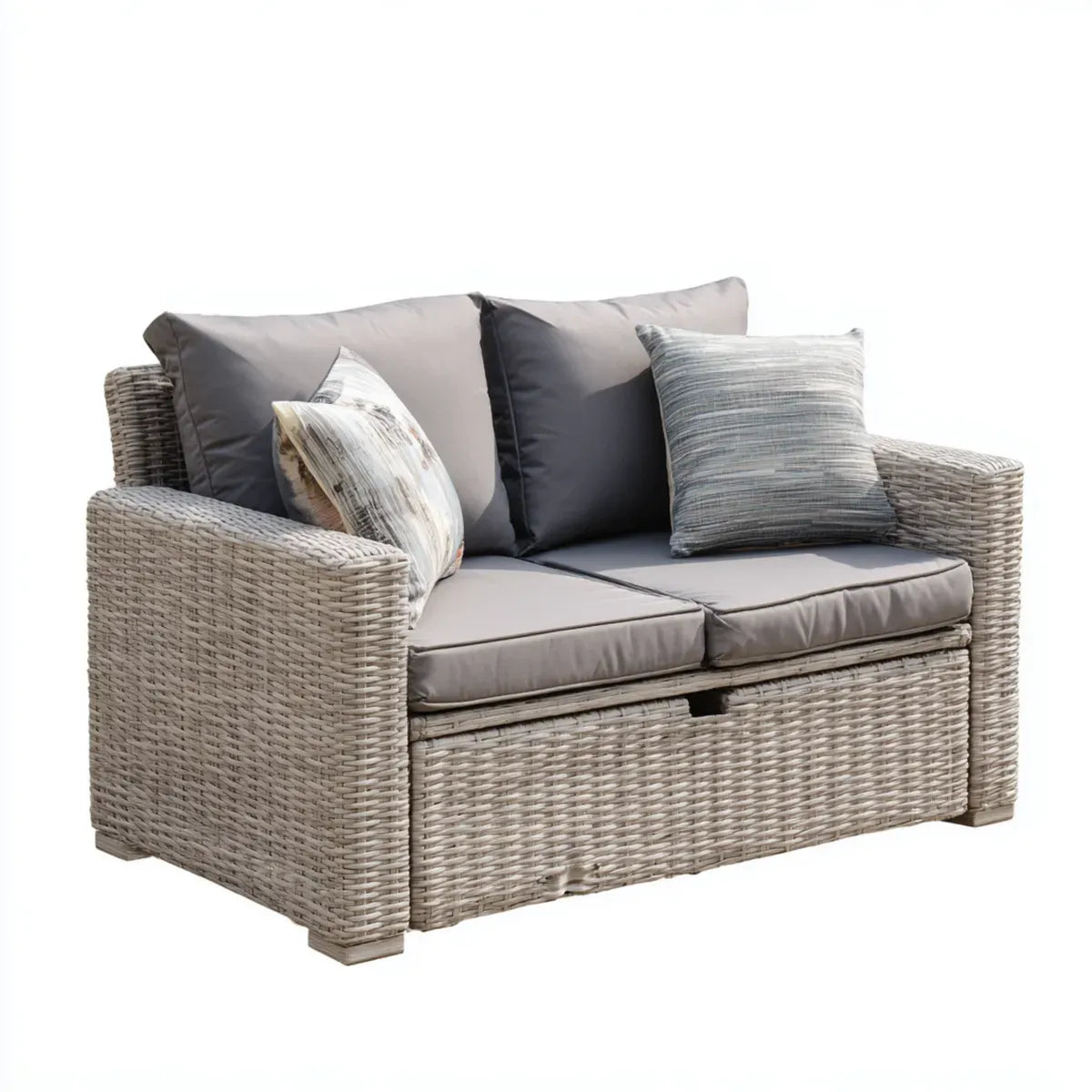 Sofa ogrodowa, 2 fotela ogrodowa z szarym pudełkiem z żywicą plecioną 142 x 80 x 85 cm