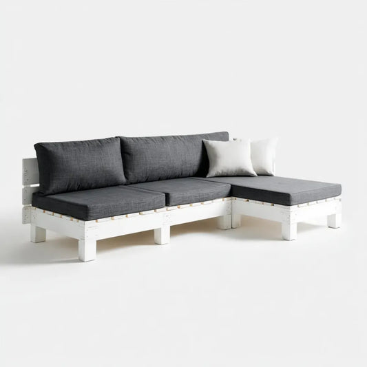 Sofa ogrodowa, 3 fotela narożnik sofa ogrodowa w kolorze białym i szarym w sosnie litej z poduszkami 240 x 180 x 70 cm