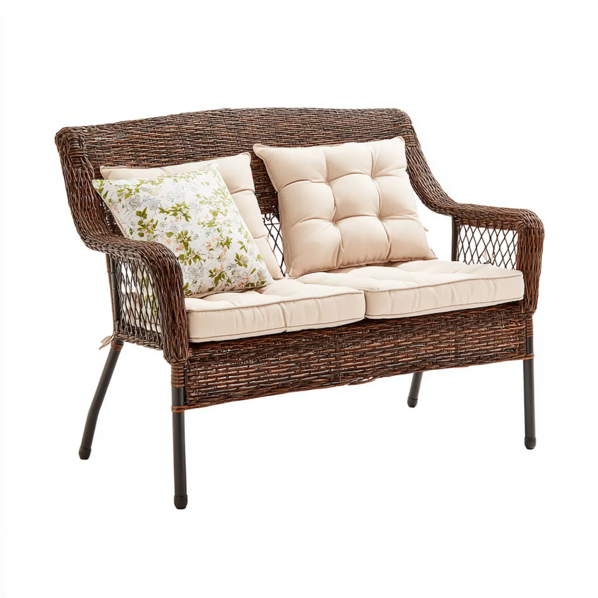 Sofa ogrodowa, Tapczan ogrodowy 2 brązowy beżowy ze stali wiklinowej i prostokątnej 130 x 70 x 80 cm
