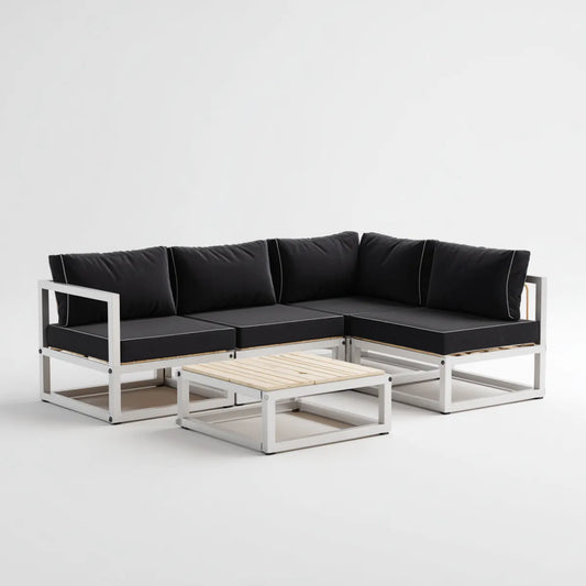 Sofa ogrodowa, Meble ogrodowe 4 fotele czarno-białe 210 x 210 x 65 cm w termoplastykowanych aluminiach i drewnie d