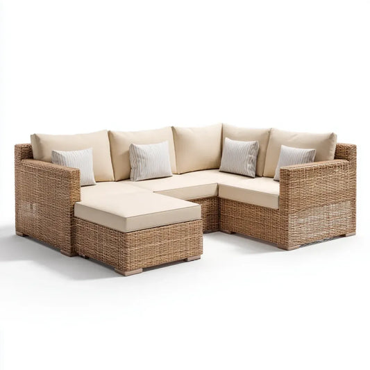 Sofa ogrodowa, Meble ogrodowe narożnikowe 4 fotele beżowe 260 x 200 cm w kształcie PE z żywicą