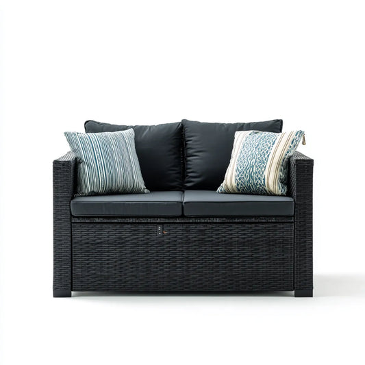 Sofa ogrodowa, 2 fotela czarna sofa ogrodowa w żywicy plecionej PE z prostokątnym pudełkiem 132 x 72 x 85 cm