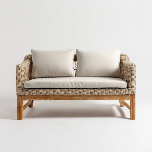 Sofa ogrodowa, Tapczan ogrodowy 2 beżowe siedzenia w plecionej rattanie i litym drewnie 140 x 75 x 78 cm