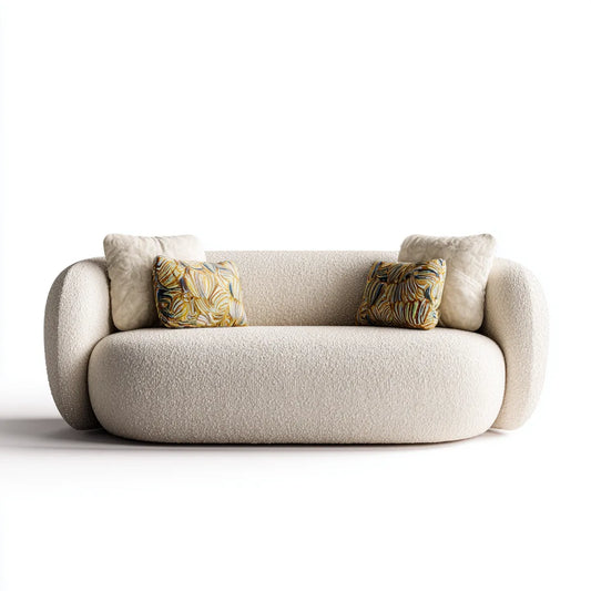 Sofa, 2-osobowa kanapa krem 180 x 92 x 75 cm poliestrowy bookle zaokrąglony kształt