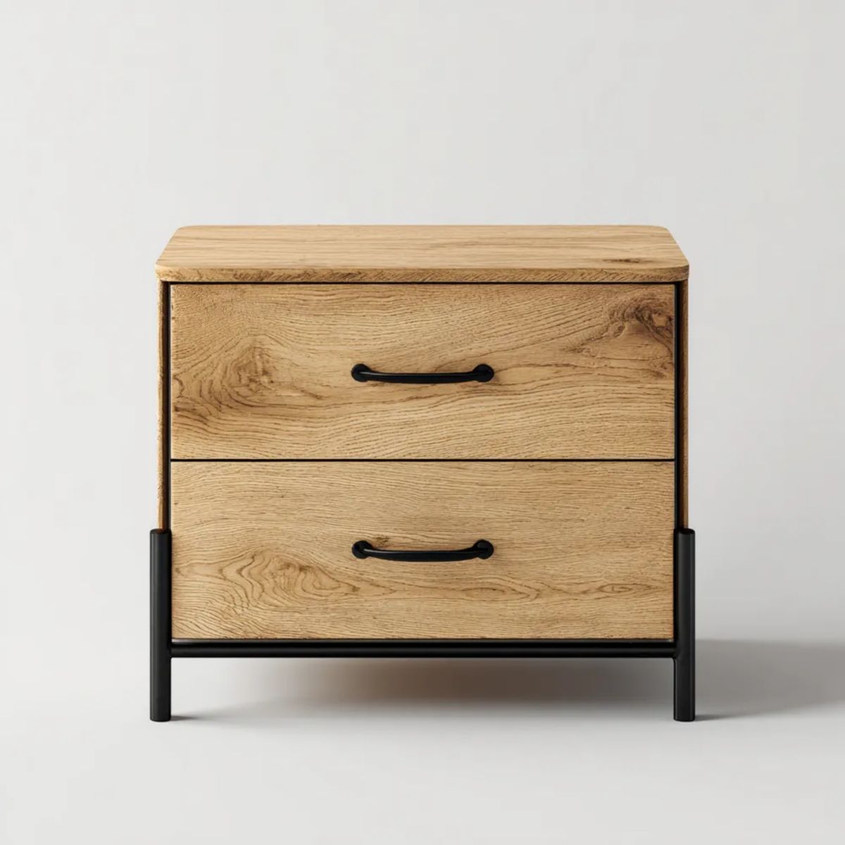 Szafka nocna, Prostokątny stół nocny 2 szuflady w drewnie i czarnej stali, dąb, 60 x 40 x 60 cm