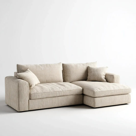 Sofa, Kanapa narożna z prostokątnym beżowym linkiem poliestrowym 240 x 160 x 85 cm