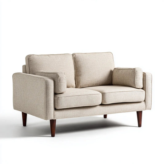 Sofa, 2-osobowa kanapa beżowa z tapicerką poliestrową i litymi nogami z drewna proste kształt 160 x 85 x 85 cm