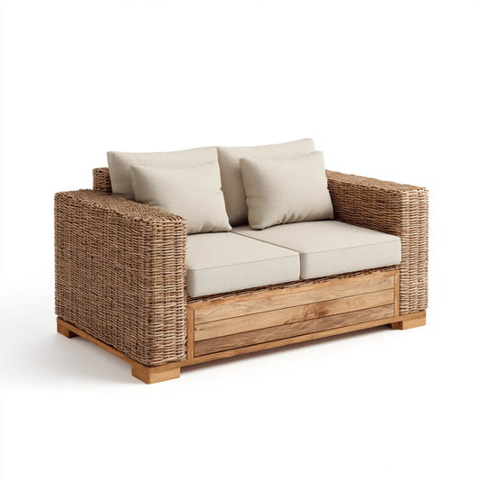 Sofa ogrodowa, Tapczan ogrodowy 2 beżowy i naturalny w rattanie i akacji drewna 150 x 85 x 80 cm prostokątna