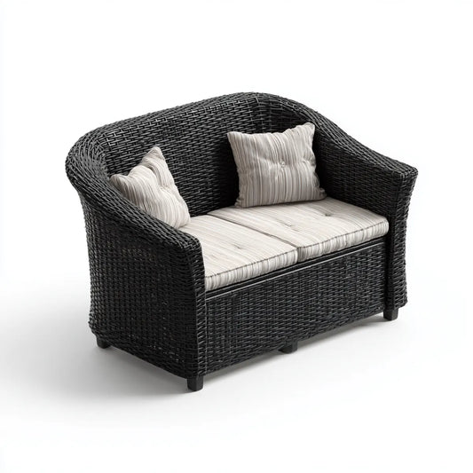 Sofa ogrodowa, 2 fotele czarne i beżowe kanapa ogrodowa w tkaninach żywicy PE z poduszkami 130 x 75 x 85 cm