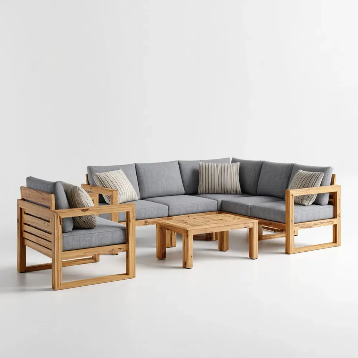 Sofa ogrodowa, 3 części narożnik meble ogrodowe szare i naturalne drewno w litej akacji 240 x 180 cm