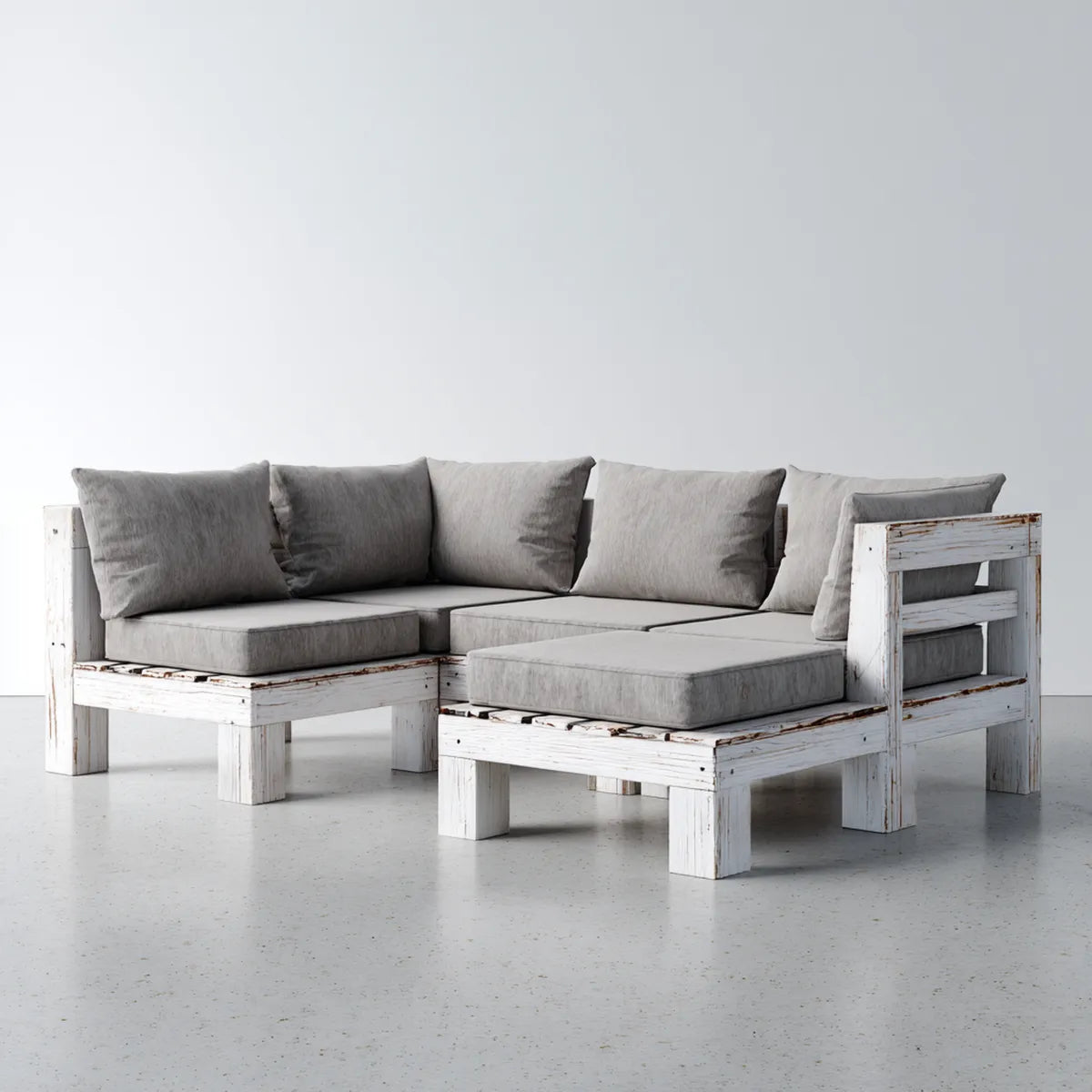 Sofa ogrodowa, 3 części narożnik meble ogrodowe białe i szare w sosny litej z poduszkami 200 x 200 x 70 cm