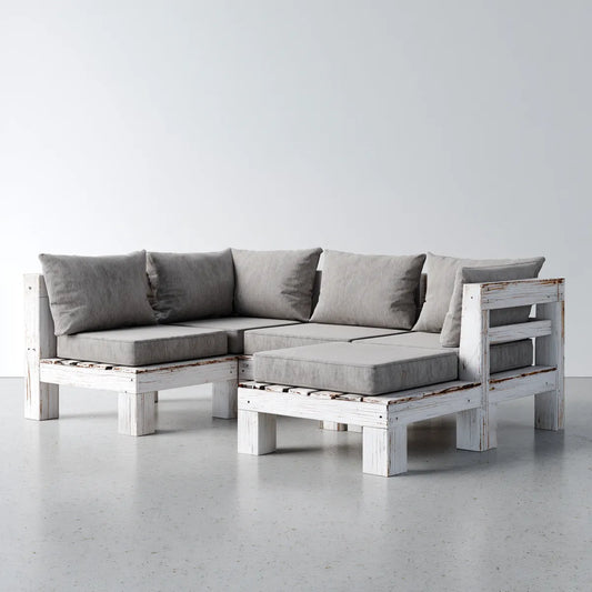Sofa ogrodowa, 3 części narożnik meble ogrodowe białe i szare w sosny litej z poduszkami 200 x 200 x 70 cm