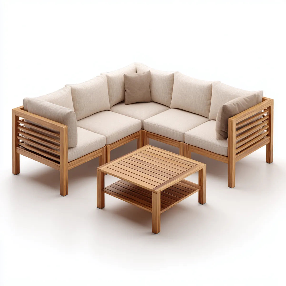 Sofa ogrodowa, Meble ogrodowe 4 fotele beżowe w litej akacji ze stołem do kawy w 250 x 190 cm