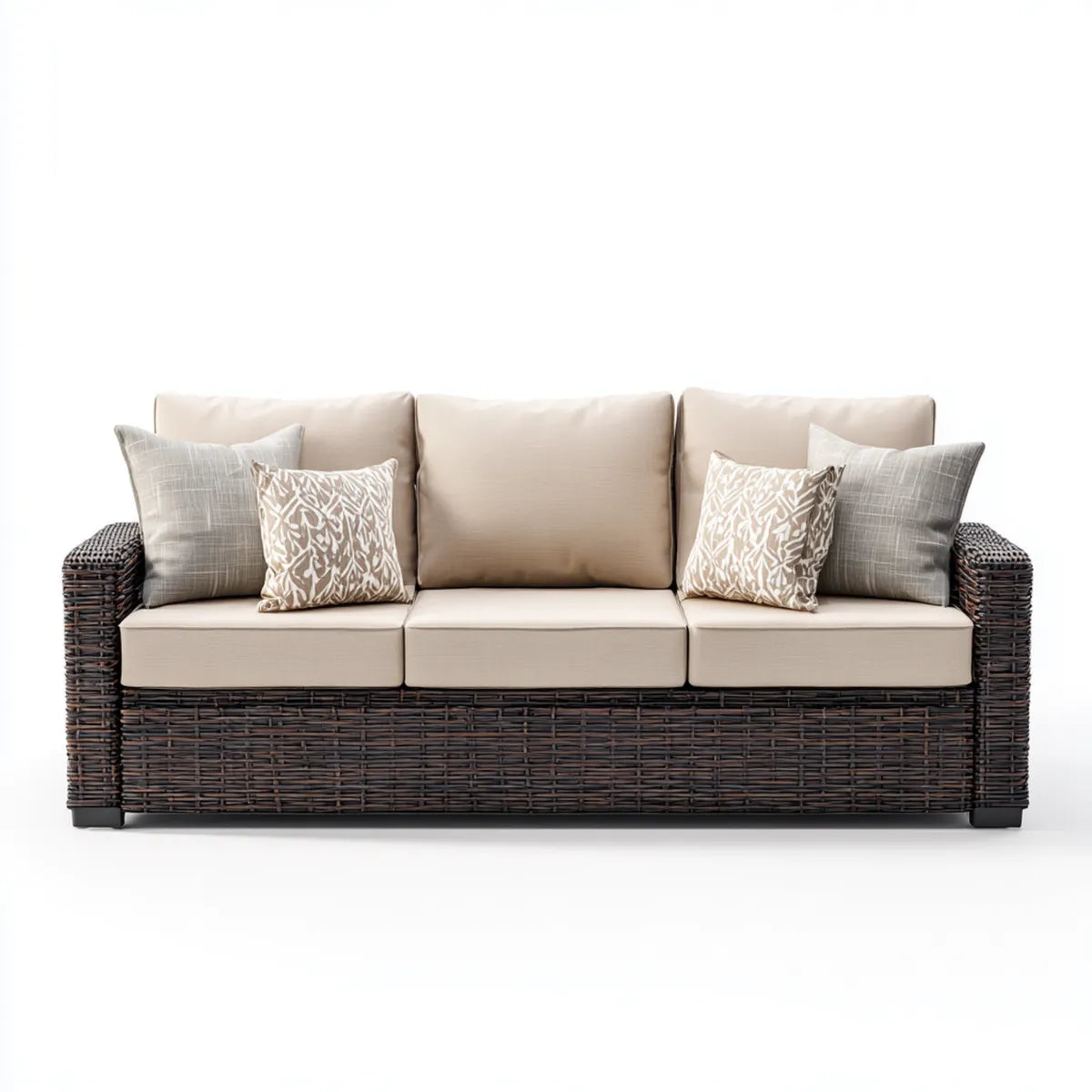 Sofa ogrodowa, 3 fotela ogrodowa w beżowym i brązowym rattanie PE z poduszkami 220 x 85 x 85 cm