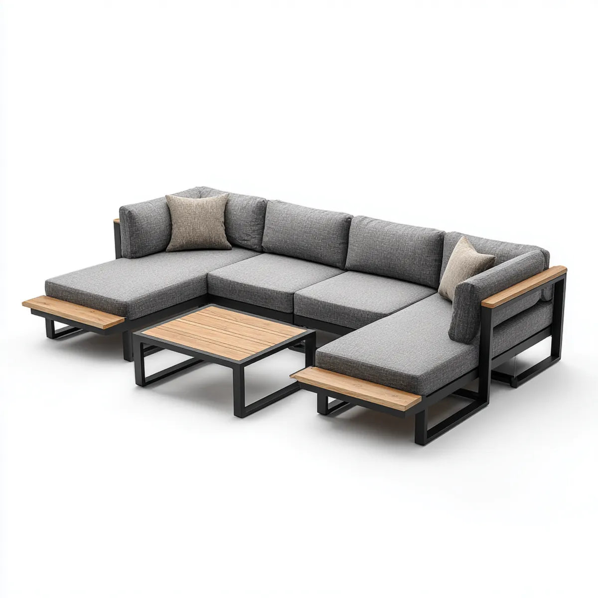 Sofa ogrodowa, 4 fotele modułowe meble ogrodowe w kolorze antracytu szarego w aluminium i akacji w U 300 x 190 x 68 cm