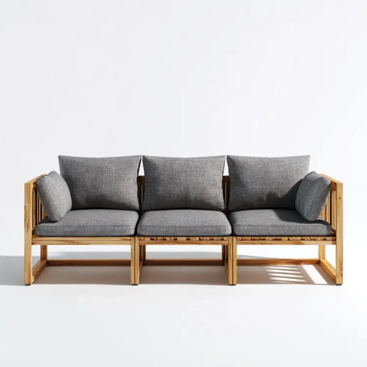 Sofa ogrodowa 3 fotele proste naturalne szary 240 x 75 x 70 cm w litej akacji i poliestru