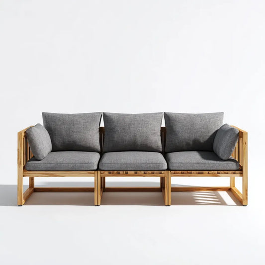Sofa ogrodowa 3 fotele proste naturalne szary 240 x 75 x 70 cm w litej akacji i poliestru