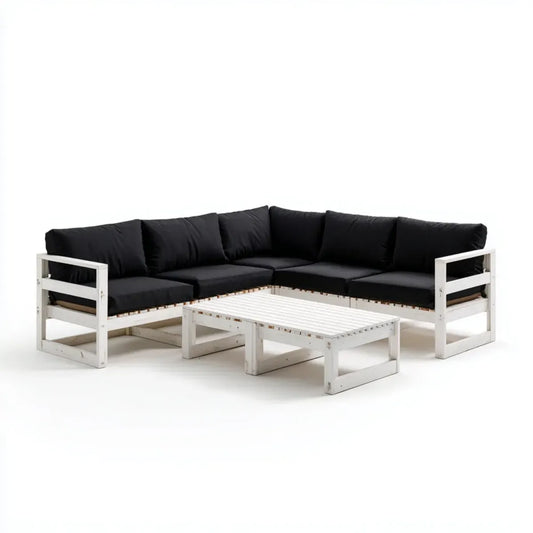 Sofa ogrodowa, 6 części narożnik meble ogrodowe białe i czarne w sosnie litej 250 x 190 x 71 cm