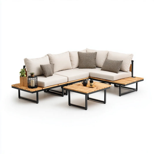 Sofa ogrodowa, Meble ogrodowe narożniki 5 miejsc beżowych w 260 x 260 x 70 cm w akacji i stali ze stołem kawowym