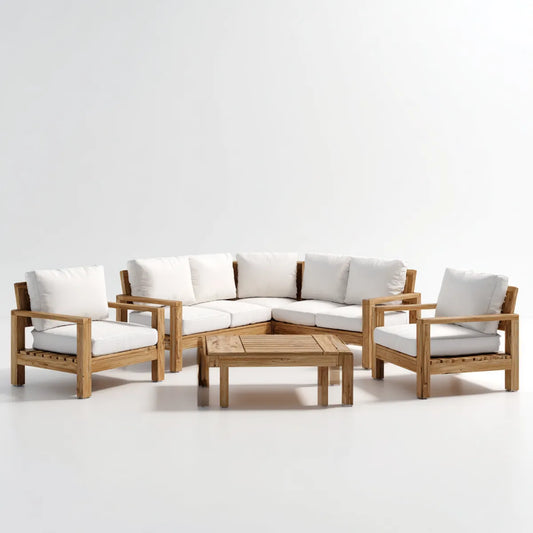 Sofa ogrodowa, Kącik meble ogrodowe 5 sztuk w litym drewna naturalne acacia z białą poduszką sofa 200 x 200 cm