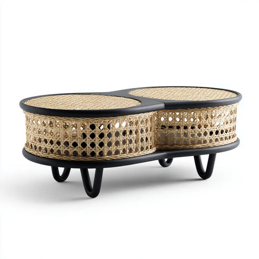 Stolik kawowy, Owalny stolik do kawy z naturalną czarną składką 100 x 50 x 40 cm w rattanie MDF i stali