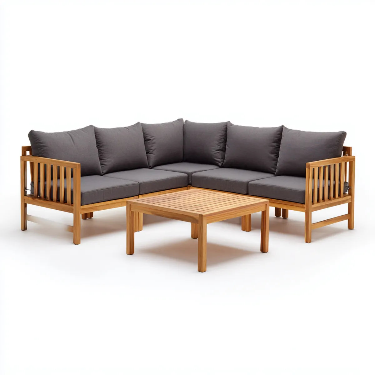 Sofa ogrodowa, Meble ogrodowe 5 foteli z szarym stołem do kawy z antracytu w litej acacia 252 x 252 x 70 cm
