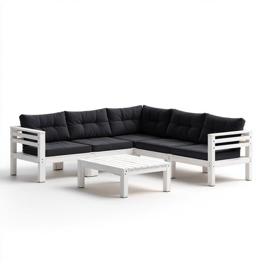 Sofa ogrodowa, Meble ogrodowe d 'angle 5 sztuk biały i czarny w litej sosny z poduszkami 246 x 186 x 65 cm